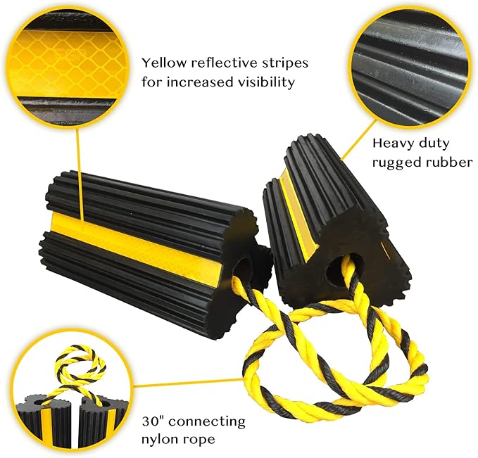 HOXWELL Heavy Duty Rubber Dual Wheel Chocks, RV Non Slip Wheel Stoppers with Nylon Rope Yellow Reflective Tape, Wheel Block for Travel Trailers, Aircraft, Car, Camper, Truck 1 Pair