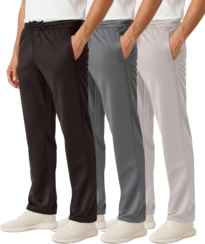 3 Pack Men's Mesh Open Bottom Sweatpants Active Athletic Workout Gym Pocket | Available in Big & Tall, Uncuffed, Elastic Waistband, Drawstring, Straight Leg, Running, Jogging, Exercise, Training, Sports