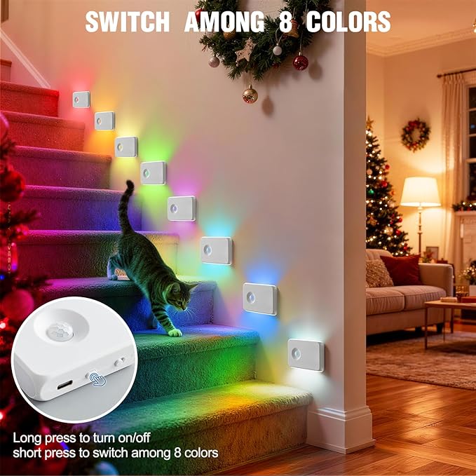 6 Pack Wireless Rechargeable Motion Sensor Stair Light, Smart Led Motion Activated Battery Operated Night Lights, RGBW Stick On Closet Lamp Indoor for Step Cabinet Hallway Bathroom Stairway