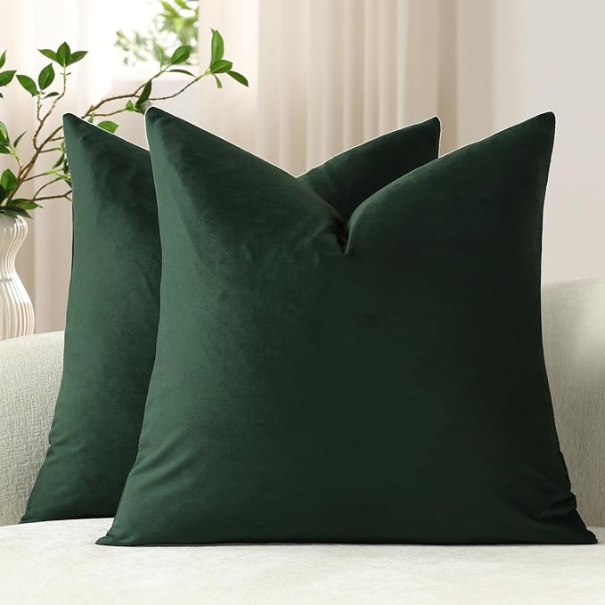 Throw Pillow Covers 18x18 Dark Green: Pack of 2 Cozy Soft Velvet Square Modern Luxury Decorative Throw Pillow Cases for Sofa Couch Living Room Bed Home Decor