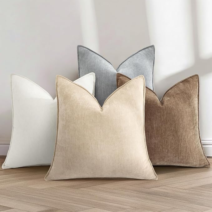 decorUhome Chenille Beige Velvet Throw Pillow Covers 18x18 Set of 2 | Fall Soft Couch Decorative Modern Farmhouse Pillow Cases with Elegant Design for Sofa Bed Living Room Home Decor