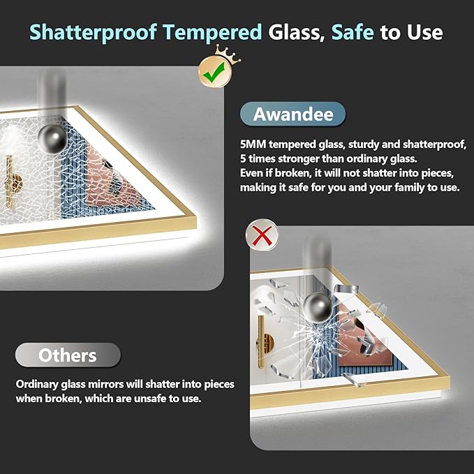 60x38 Gold LED Bathroom Mirror with Lights, Brushed Gold Framed Backlit and Front Lit Anti-Fog Lighted Vanity Mirrors for Bathroom Wall, Dimmable, 3 Colors, Memory, HD Tempered Glass, CRI＞90
