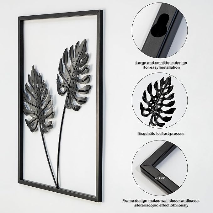 QXSXKJ Metal Wall Art, Black Frame Decor 4pack Modern Farmhouse Decor, 3d Metal Wall Ginkgo Art With Lamp for Living Room, Bedroom, Kitchen, Office (without light 17x12)