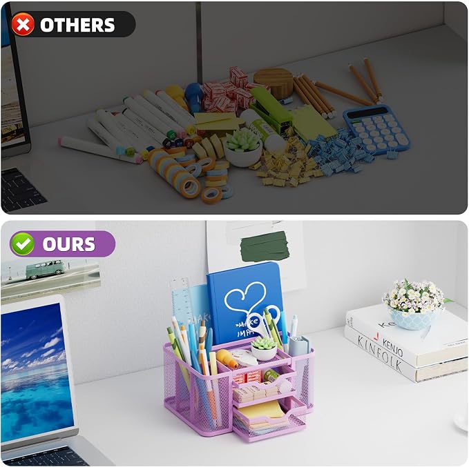 Marbrasse Mesh Desk Organizer, Pen Holder with 2 Drawer, Multi-Functional Pencil Holder, Desk Organizers and Accessories with 5 Compartments + Drawer for Office Art Supplies (Purple)