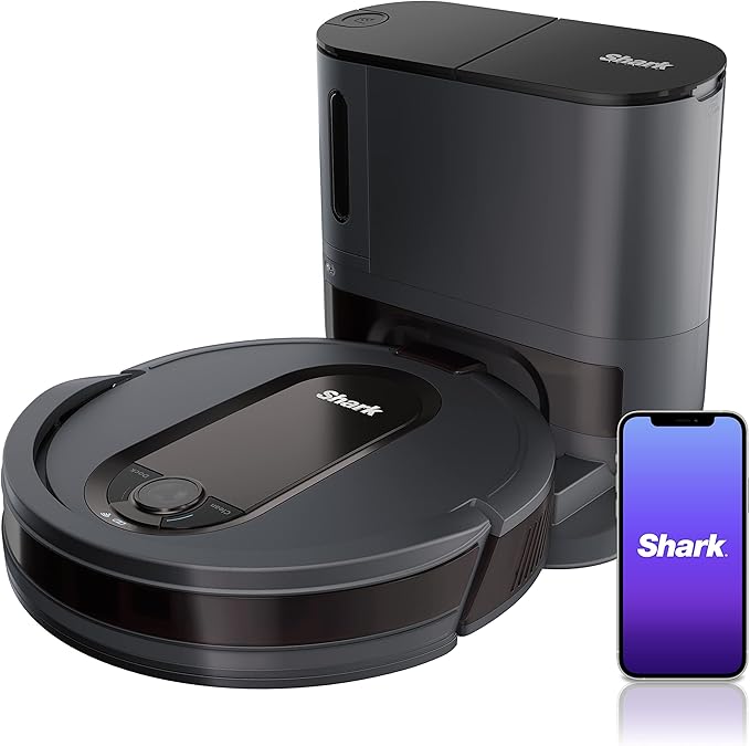 Shark EZ Robot Vacuum, Self-Empty Base, Dark Gray,RV912S | 30-Day Bagless Self-Empty Base, Row-by-Row Cleaning, Multi-Surface Brushroll, Recharge & Resume, Wi-Fi, Works with Alexa