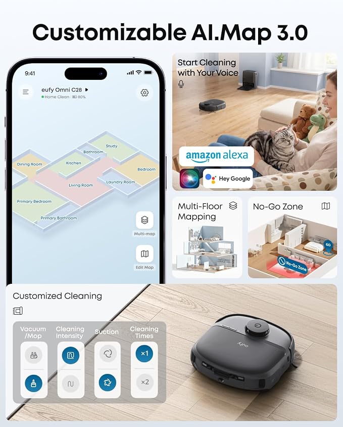 eufy C28 Robot Vacuum and Mop Combo, 15,000 Pa, HydroJet Roller Mop | Upgraded from X10 Pro, Zero-Tangle for Pet Hair, Auto Mop Washing&Drying, Self-Emptying&Refilling 2026 New