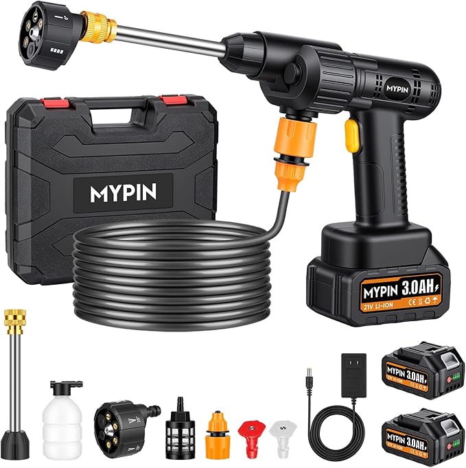Portable Cordless Pressure Washer, 600 PSI 21V Two Rechargeable Batteries Powered Pressure Washer with Battery Level Display, 6-in-1 Nozzle with Jet Nozzles for Car Floor Wall Fence Cleaning