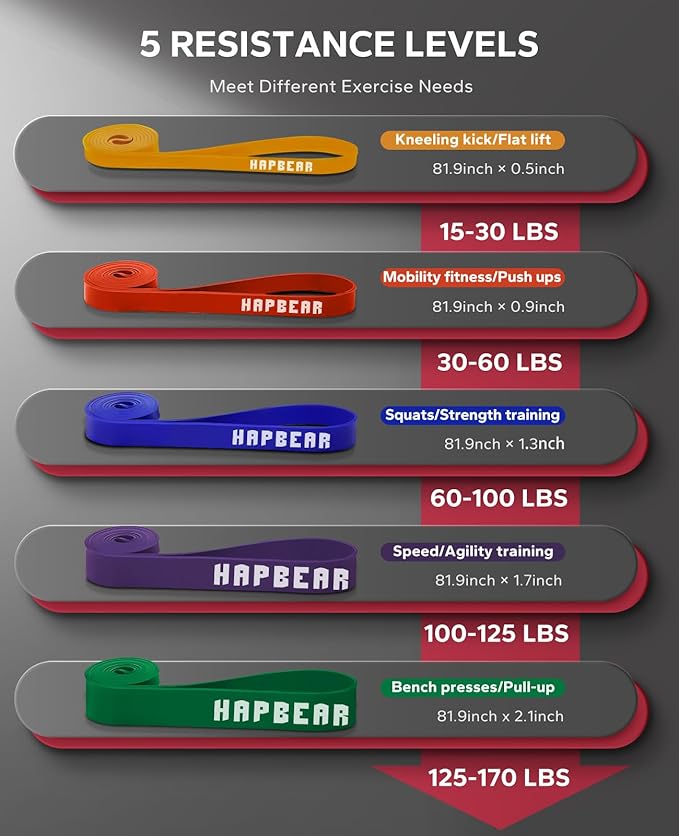 HAPBEAR Pull Up Assistance Bands Set of 5 - Resistance Bands for Working Out, Stretching, Physical Therapy, Muscle Training