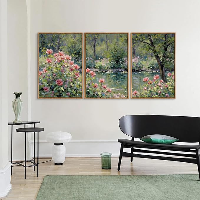 YeeHomedec Monet Botanical Framed Canvas Wall Art, Impressionist Floral Garden Wall Decor, Vintage Flower Pond Tree Artwork, Nature Landscape Art Paintings for Living Room Bedroom Bathroom 16"x24"x3