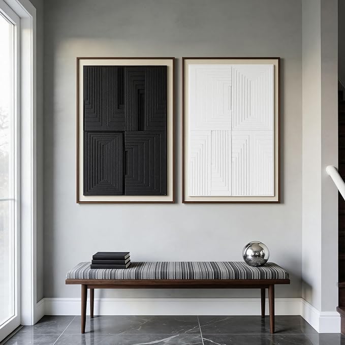 Thalasse Modern Abstract Wall Art Bedroom Framed 3D Black White 16x24 In | Textured geometric sandstone minimalist pictures, office meeting room decor, 2 piece set