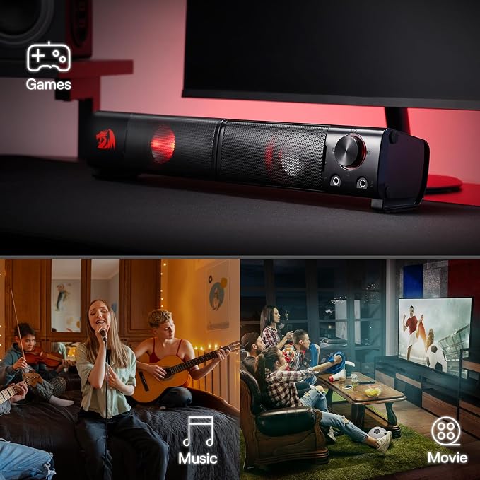Redragon GS550 PC Gaming Speakers 2.0 Channel Stereo Enhanced Sound, Black | Compact Maneuverable Size, Headphone Jack, Decent Red Backlight, Plug & Play USB Powered Desktop Computer Speaker