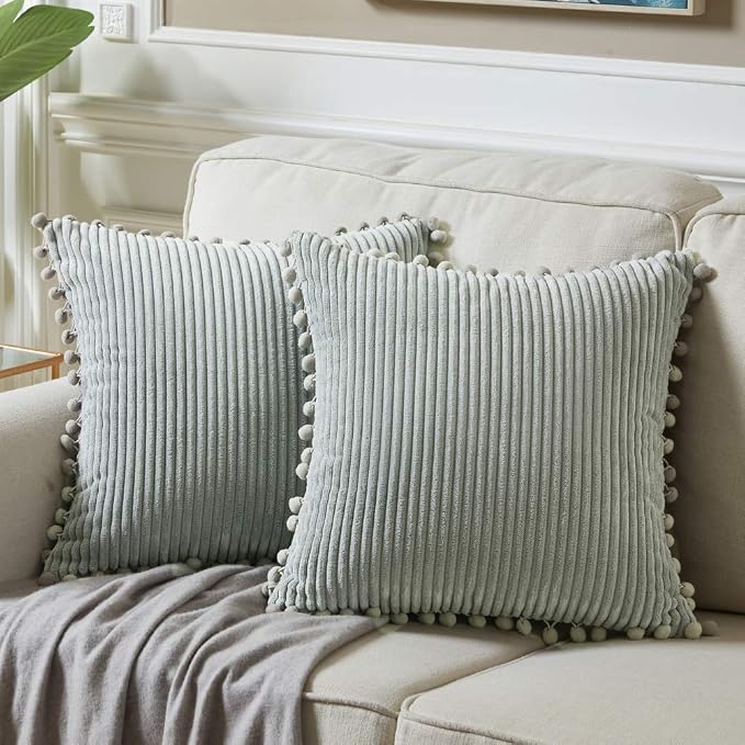 Fancy Homi Pack of 2 Farmhouse Decorative Throw Pillow Covers with Pom-poms, Soft Corduroy Accent Solid Square Cushion Case Set for Couch Sofa Bedroom Car Living Room (16x16 Inch/40x40 cm, Grey)