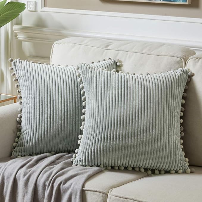 Fancy Homi Pack of 2 Farmhouse Decorative Throw Pillow Covers with Pom-poms, Soft Corduroy Accent Solid Square Cushion Case Set for Couch Sofa Bedroom Car Living Room (18x18 Inch/45x45 cm, Grey)