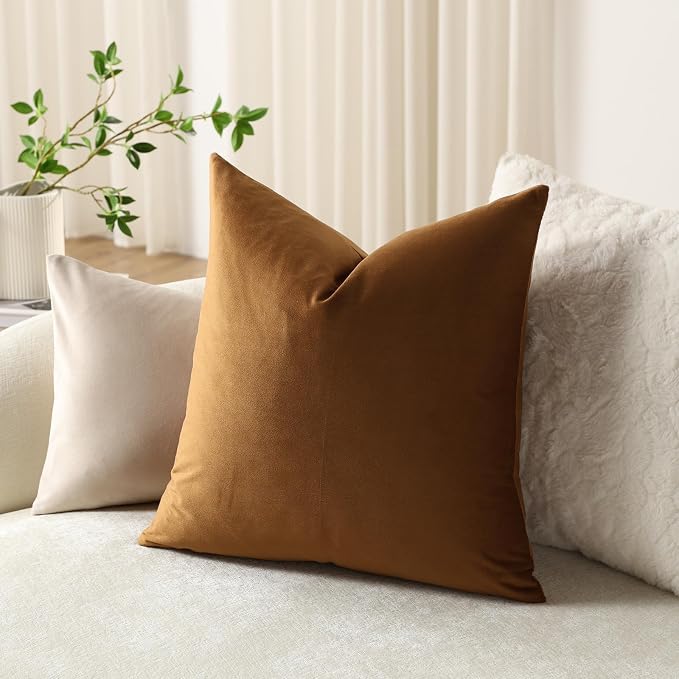 Euro Sham Covers 24x24 Golden Brown: Pack of 2 Cozy Soft Velvet Square Modern Luxury Decorative Throw Pillow Cases for Sofa Couch Living Room Bed Home Decor