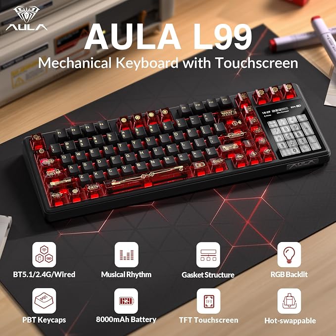 Aula L99 Wireless Mechanical Gaming Creamy Keyboard with Smart Touch Screen | Tri-Mode Hot Swappable Custom Keyboard,RGB Backlit,PBT Keycap,Gasket Mount Creamy Sounding Keyboards for Office PC,84 Keys