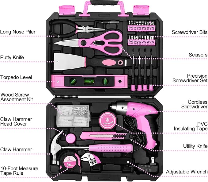 DEKOPRO Pink 98 Piece Tool Set,General Household Hand Tool Kit with Plastic Toolbox Storage Case