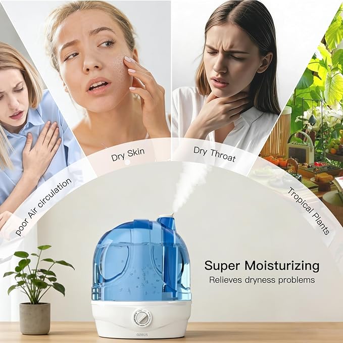 AZEUS 2.8L Large Capacity Ultrasonic Cool Mist Humidifier - Powerful Moisture Control for Comfortable Spaces, Lasts up to 30 Hours, Auto Shut-Off (BPA-Free)