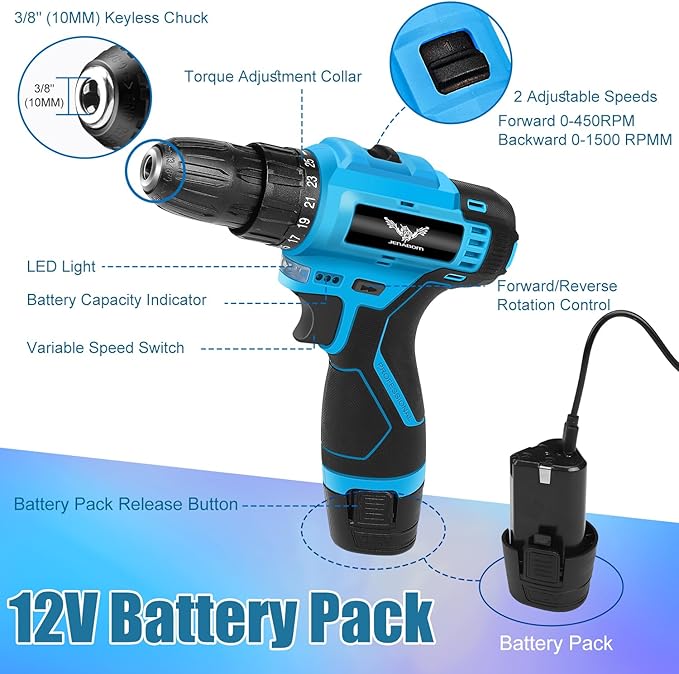 Tool Set - 12V Cordless Drill Kit, 146 Piece Home Tool Set With Power Drill, Tool Kits for Men & Women, Perfect for Homeowner, Diyer, Handyman