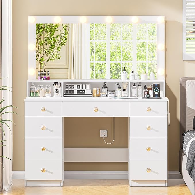 White Vanity with Lighted Mirror, Makeup Vanity Desk with Power Outlet, 9 Drawers & Shelf Storage, 43.3” Large Vanity Desk, Women Girls Vanity Dressing Table for Bedroom Bathroom