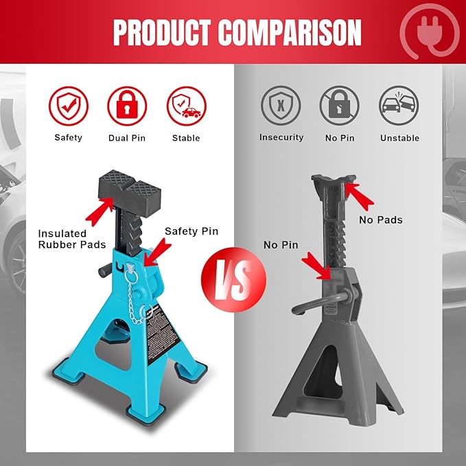 Jack Boss Jack Stands, 3 Ton (6000 LBs) Adjustable Ratchet Car Lifting Jack Stand with Dual Secure Pins, Insulated Rubber Saddle & Foot Pads for Electric Vehicles, Automotive Mortorcycles, 2 Pack