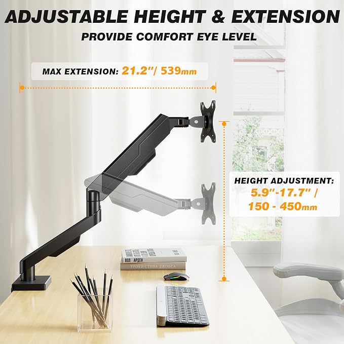 5Rcom Single Monitor Arm for 13-35 Inch Computer Screens | Fully Adjustable Heavy Duty Mount, Holds 22lbs, Fast Install, Cable Management, Black