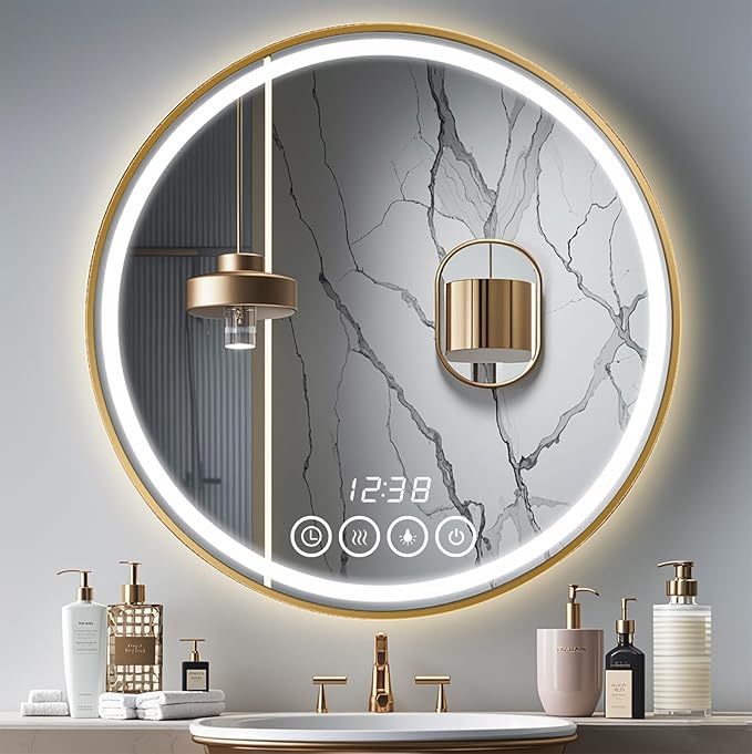 Wall-Mounted Round Bathroom Mirror with LED-Lights - Frame Vanity Mirrors (28" x 28", Gold)