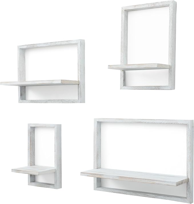 Floating Shelves for Wall,Decorative Wall Shelves,Plants Shelf Framed | Square Wall Decor,Art Sconces Artificial Vases Hanging Storage Shelf for Bathroom Living Room,Wood,Set of 4,Rustic White