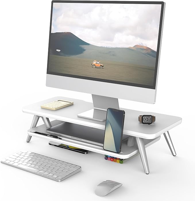 Fenge Monitor Stand, Monitor Stands Riser for Desk, 23.6 Inch Wood Desk Shelf with Storage Organizer and Cable Management for Office Desk Accessories