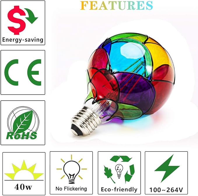 I-SHUNFA Stained Glass Edison LED Light Bulb, E26 Standard Base 6 Watts Heatless (G80) Globe Shape LED Light Bulbs for Home Party, Recreation Room,Balcony,Garden,Christmas Decoration