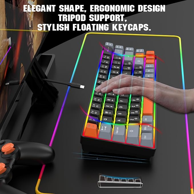 Snpurdiri 60% Percent Gaming Keyboard (68 Keys, Black-Grey-Orange) | Compact RGB Backlit Small Gaming Keyboard for Windows, PC, Laptop
