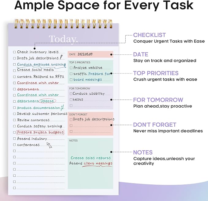 Taja To Do List Notepad, Undated Daily Planner for Work and Goal Setting | Violet Dream, 52 Sheets, 9.8" x 6.5" , for Office, Home and school, Daily Task Planning, Notes and Everyday Organization