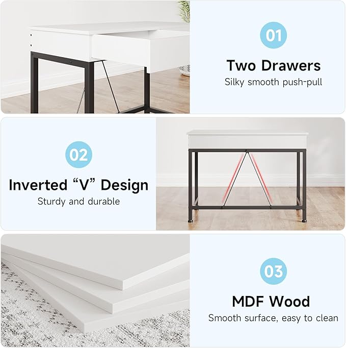 Mexin Small White Desk with 2 Wooden Drawers, 40 Inch Home Office Writing Desk, White Vanity Desk with Storage, Computer Desk for Bedroom Small Spaces, Table for Office, Work, Kids Study, Makeup