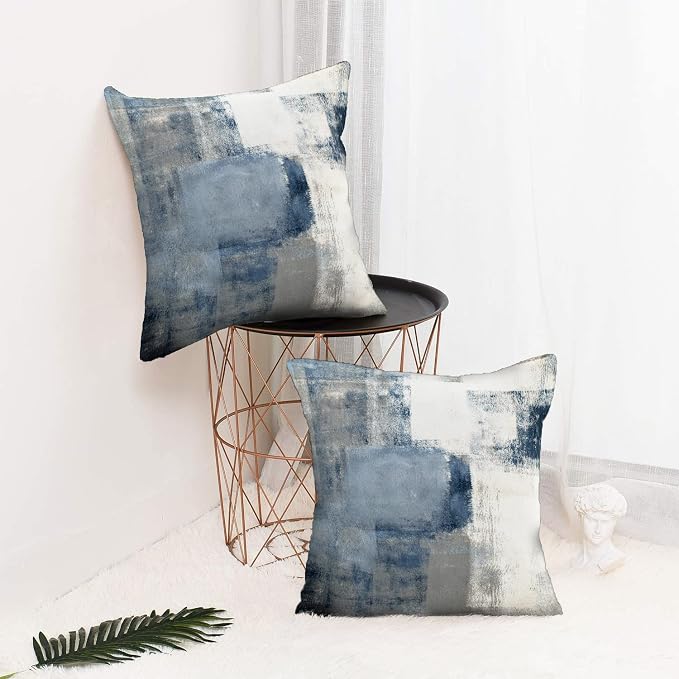 Set of 2 Blue and Grey Art Artwork Contemporary Decorative Gray Home Decorative Throw Pillows Covers Cushion Cover for Bedroom Sofa Living Room 18X18 Inches
