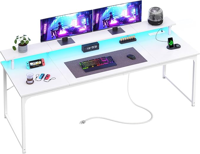 PRAISUN 63 inch Gaming Desk, LED & Power Outlets, Monitor Stand, White | Sturdy PC Desk for Home Office, Study & Work, LED Lights, 4 AC Outlets & USB-C Charging Station