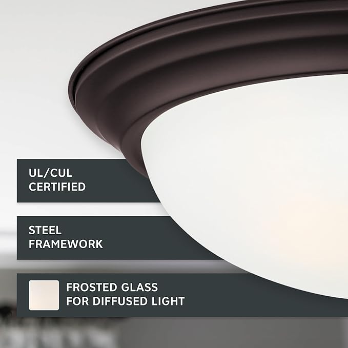 DESIGNERS FOUNTAIN Reedley 2-Lights Flush Mount Ceiling Light, 11 Inch Lighting Fixture for Kitchen, Bedroom, Bathroom, and Hallway, Oil Rubbed Bronze with Etched Glass, 1257S-ORB-W