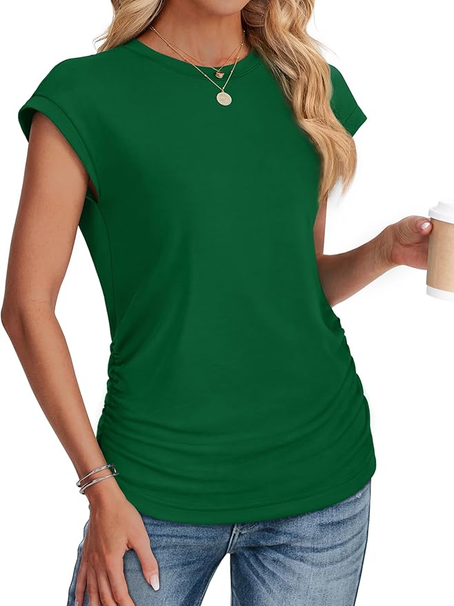Sampeel Womens Summer Tops Trendy 2026 Ruched Cap Short Sleeve Tshirts Shirts Crew Neck T Shirts Fashion