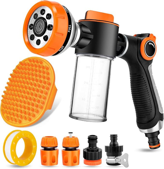 8 in 1 Garden Hose Nozzle Sprayer, Upgrade Dog Wash Hose Attachment with 3.5OZ/100CC Soap Dispenser Bottle and Dog Shower Brush, Ideal for Watering Flowers, Car Washing, Dog and Horse Bathing
