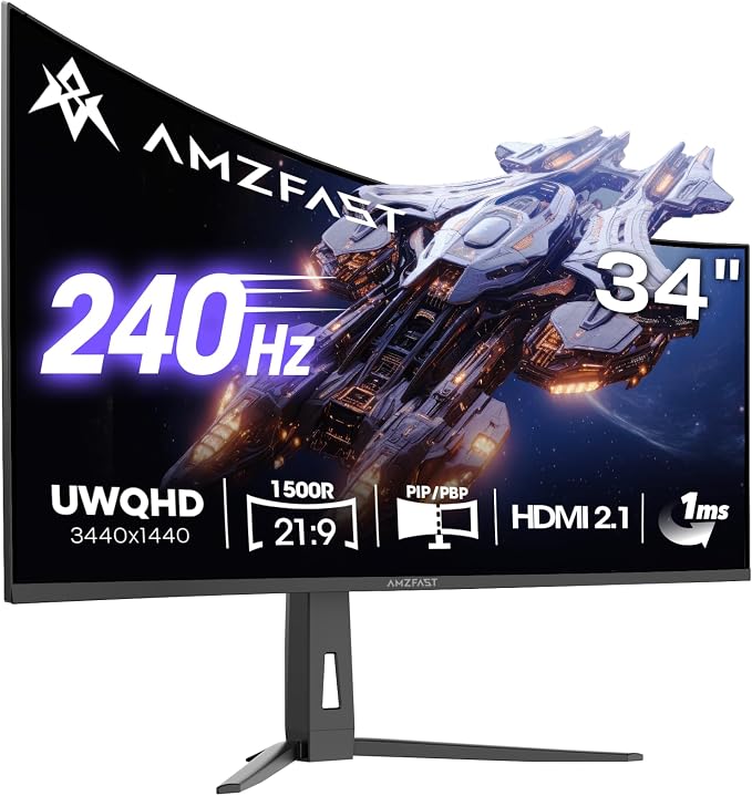 Amzfast 34 Inch Curved Monitor 240Hz UWQHD (3440x1440) Gaming Monitor, 1ms G-SYNC Compatible, 1500R, PIP/PBP, HDR400, 96% DCI-P3, Tilt/Swivel/Height Adjustable, TÜV Rheinland, HDMI 2.1, AMZG34C8 Pro