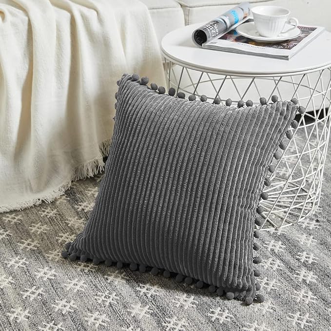 Fancy Homi Pack of 2 Dark Gray Decorative Throw Pillow Covers 22x22 Inch with Pom-poms for Couch Bed Living Room, Soft Corduroy Solid Square Cushion Case 55x55 cm, Farmhouse Boho Home Décor