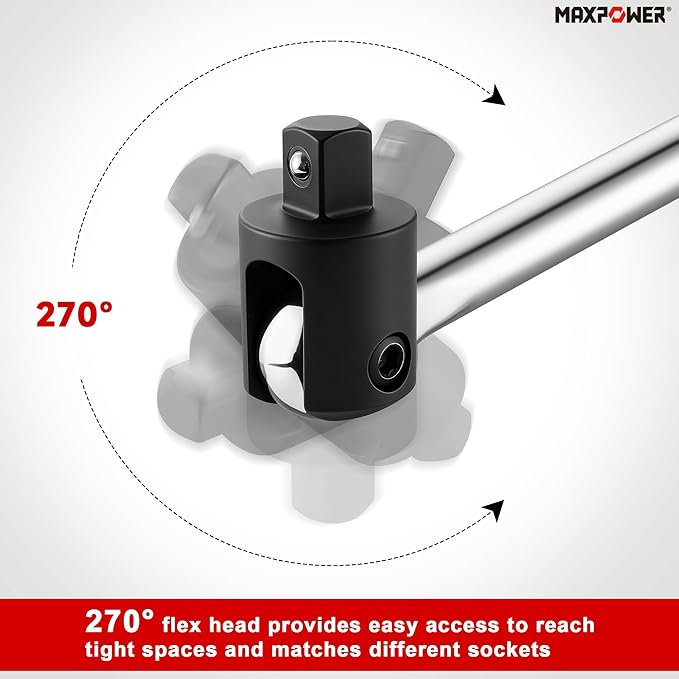 MAXPOWER 1/2" Drive Breaker Bar, 17-inch Breaker Bars with 270° Flex Head, Soft Grip Handle