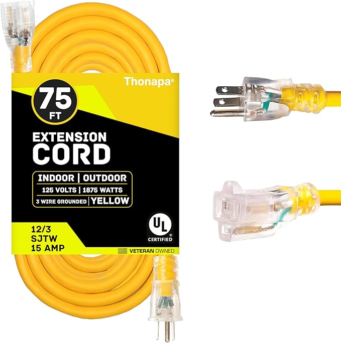 Thonapa Lighted Outdoor Extension Cord 75 ft - 12 Gauge 15 Amp Heavy Duty Power Extension Cords - SJTW - Great for Major Appliances, Power Tools, Garden Supplies - Yellow