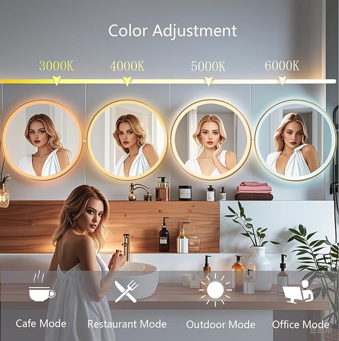 Wall-Mounted Round Bathroom Mirror with LED-Lights - Frame Vanity Mirrors (24" x 24", Gold)