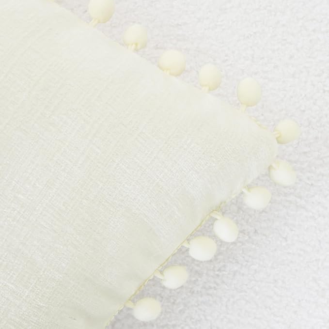 CaliTime Decorative Couch Throw Pillow Covers 16 X 16 Inches Cream | Pack of 2, Cozy Chenille Cushion Cases, with Pom Poms for Sofa Bed Living Room Farmhouse Home