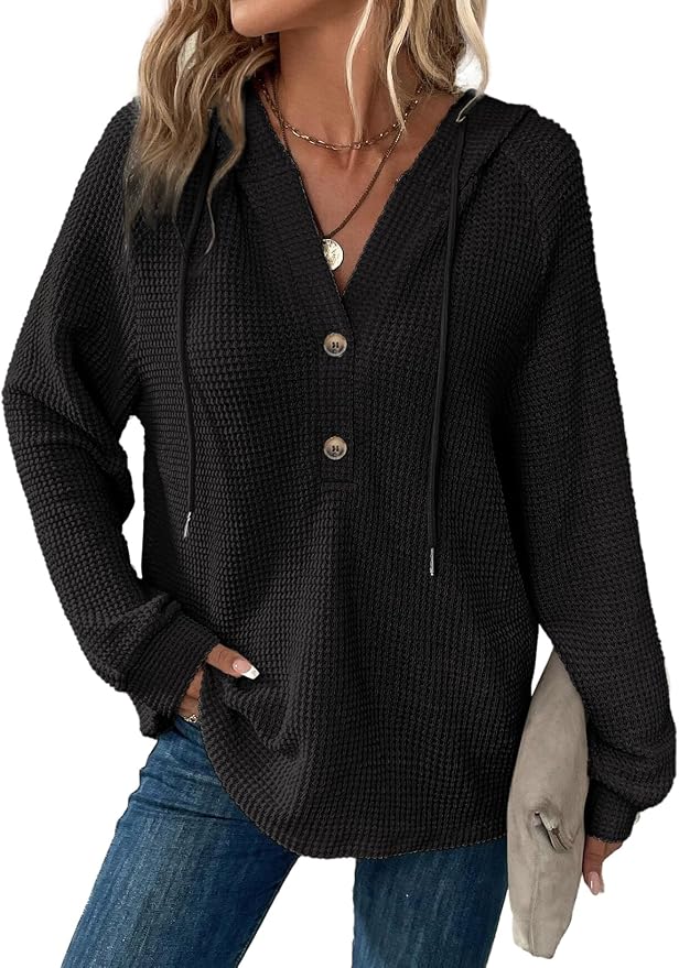Dokotoo Hoodies for Women Waffle Knit Long Sleeve Drawstring Button V Neck Casual Sweatshirt Hooded Tops Fashion Clothing