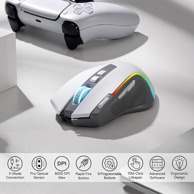 Redragon M612 Wireless RGB Optical Gaming Mouse 8000 DPI Remapping Keys | Cable-Free 0 Delay, Redefine Keybinding Macro, Vibing Backlight, Ergonomic Grip Body Comfort