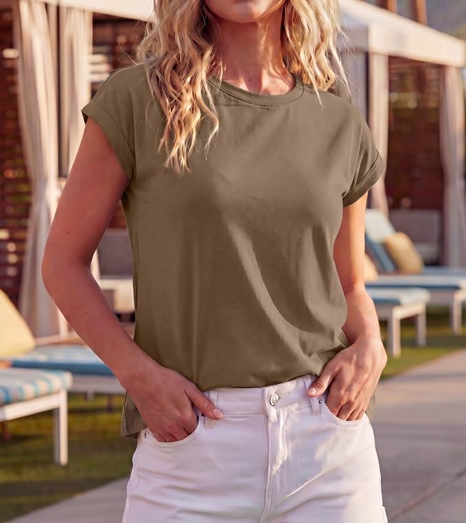 GRECERELLE Womens Summer Tops Cap Sleeve Crew Neck Basic T-Shirt | Everyday Casual Wear, Layering Friendly, Wrinkle-Resistant, Business Casual Ready, Lightweight & Packable, Capsule Wardrobe