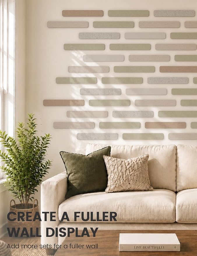 Fluxynara 13" x 2" Felt Wall Panels, Stone Beige | 5-Pack Cork Board Alternative with 35 Push Pins, Adhesive Mounting for Bedroom Door or Home Office