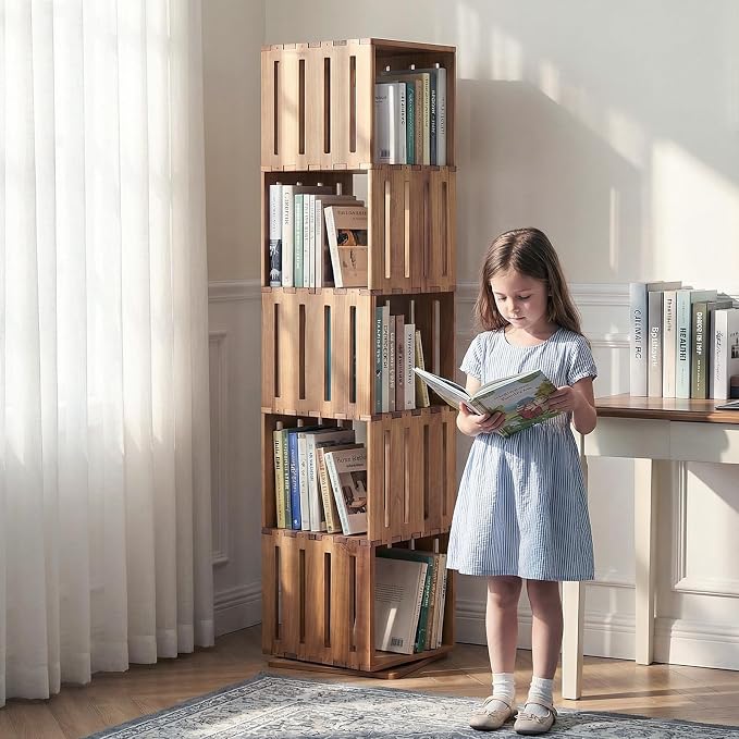 Wooden Rotating Bookshelf, 360°Spinning Deep-Bin Tower for Art Books&Large Formats, Solid Wood Revolving Bookcase, Floor Standing Storage Rack,Corner Organizer,Small Space,study,Office, 5-Tier