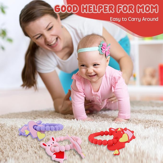 Valentine Teething Toys, Silicone Baby teethers 0-6 Months Easy for Little Hands to Hold, Cupid and Heart Rabbit for Valentine's Day Baby Teething Toys (Valentine Purple)