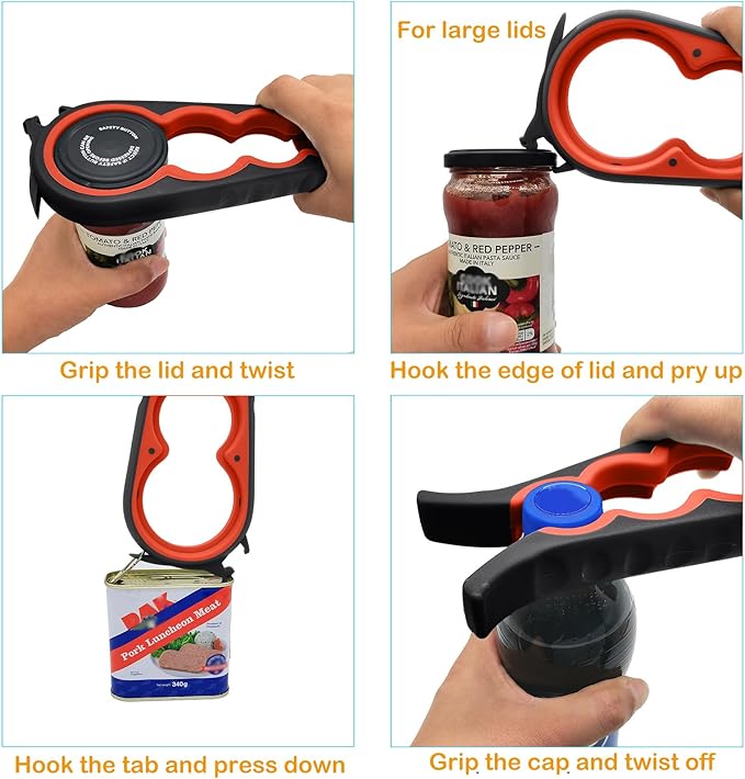 Jar Opener for Weak Hands, 5 in 1 Bottle Opener for Seniors with arthritis | Multifunctional Adjustable Lid Opener with Non-Slip Rubber Gripper Pad – Effortlessly Opens Jars, Bottles & Pop-Top Cans